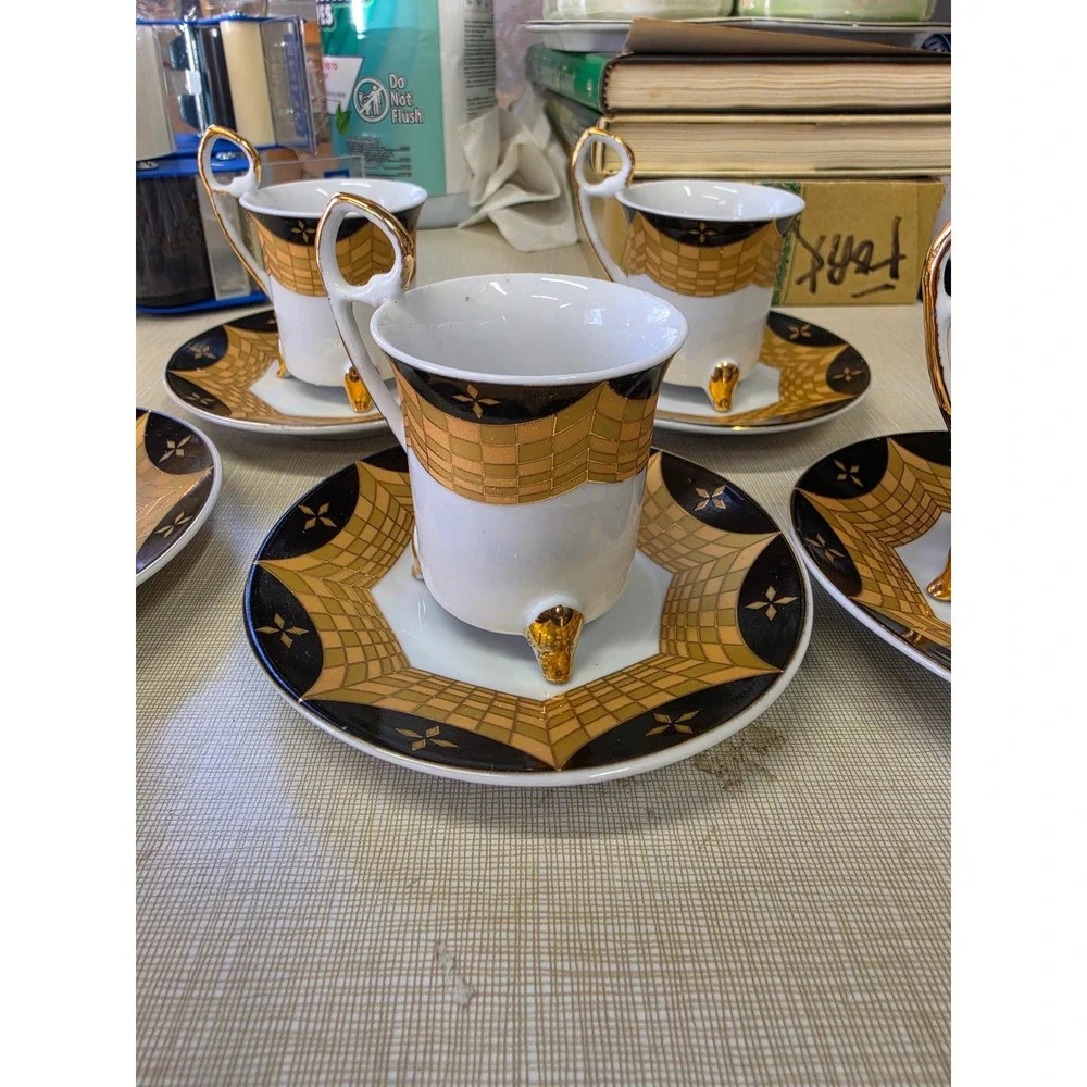 Vintage Art Deco Footed Demitasse Espresso Cup and Saucer Set Black Gold 5pc